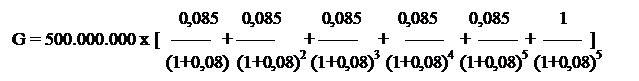 Text Box: 		   	     0,085     0,085         0,085        0,085       0,085           1
G = 500.000.000 x [   ——   + ——       + ——     +    ——    +  ——  +  ——  ]
			  (1+0,08)  (1+0,08)2  (1+0,08)3  (1+0,08)4  (1+0,08)5  (1+0,08)5      
