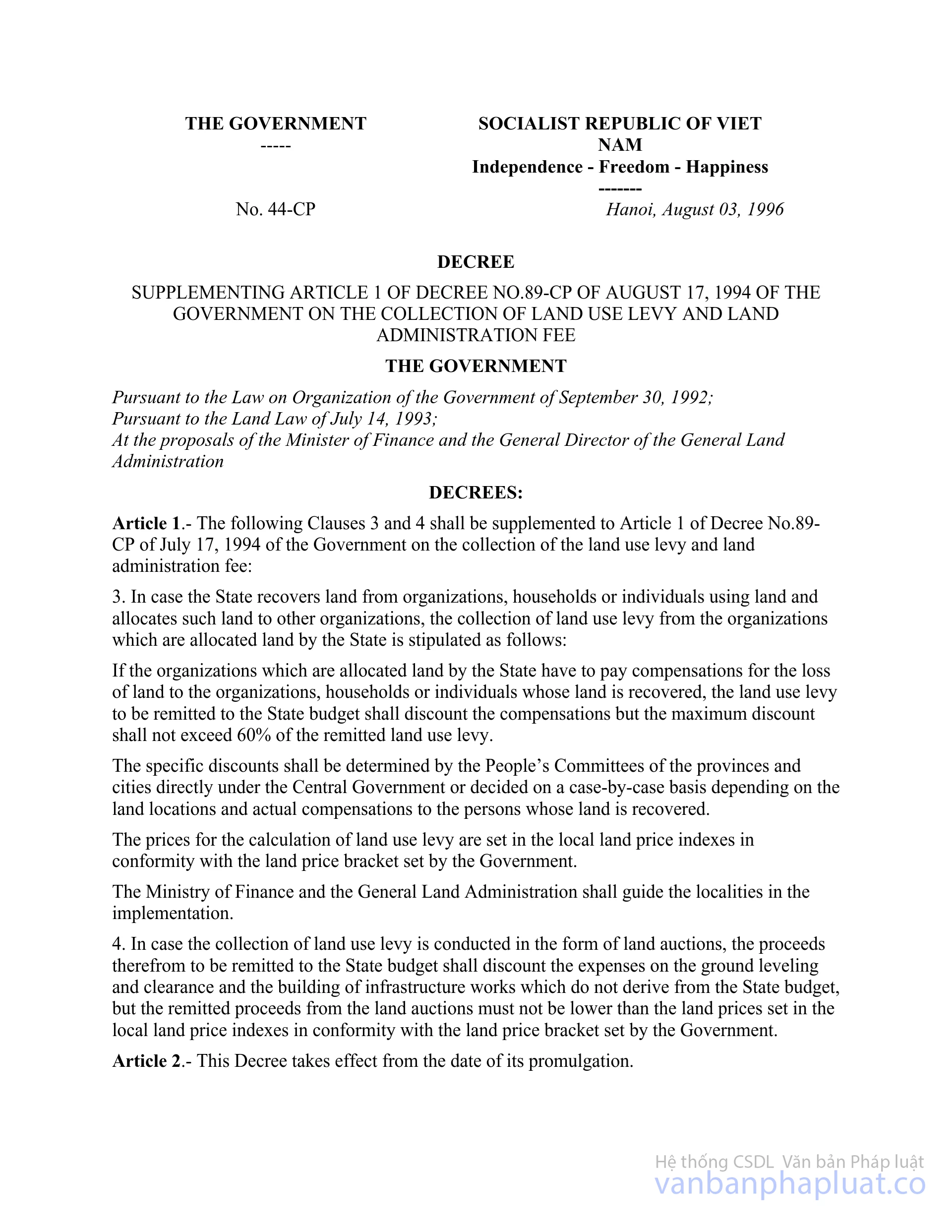 Decree No. 44CP of August 03, 1996, of the Government supplementing Article 1 of Decree No.89