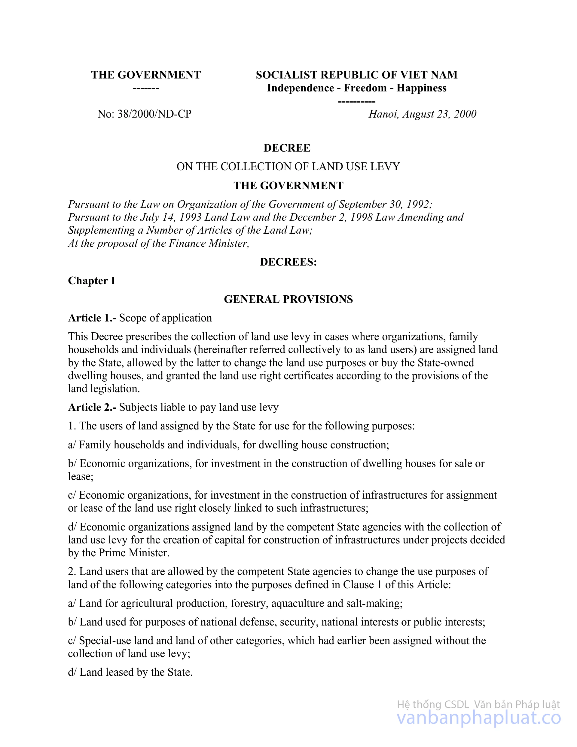 Decree of Government No. 38/2000/NDCP of August 23, 2000 on the collection of land use levy