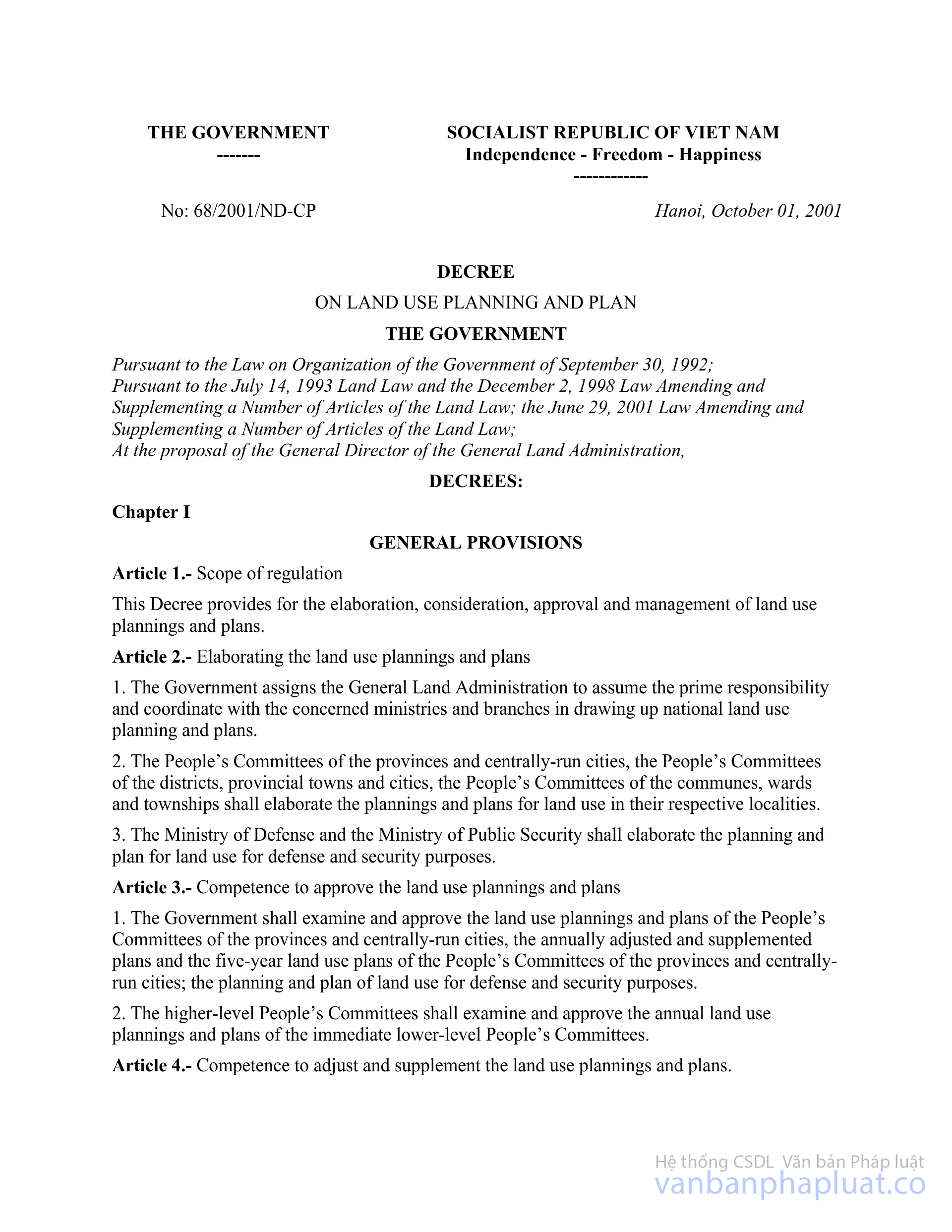 Decree no. 68/2001/NDCP of October 01, 2001 on land use planning and plan