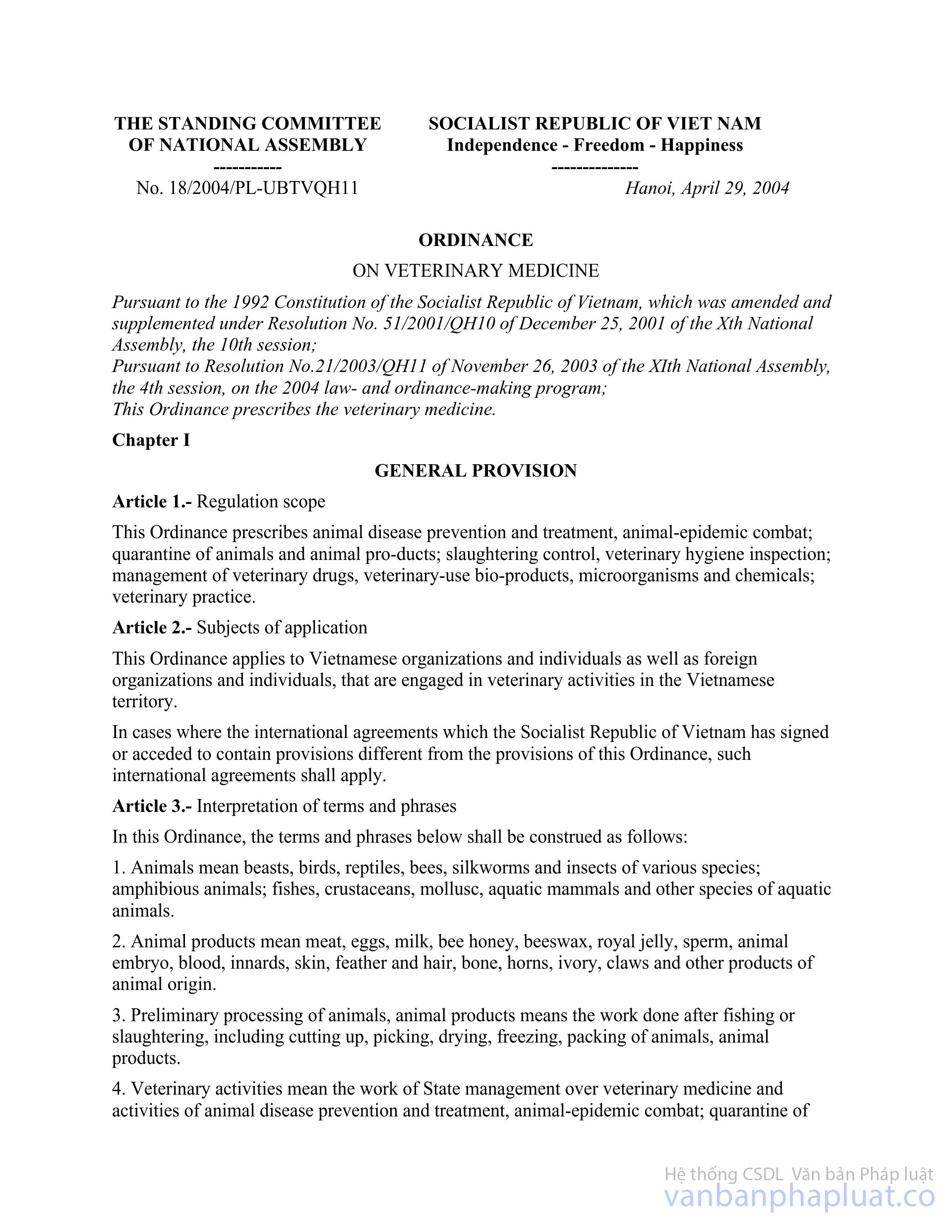 Ordinance No. 18/2004/PL-UBTVQH11 of April 29, 2004 on veterinary medicine