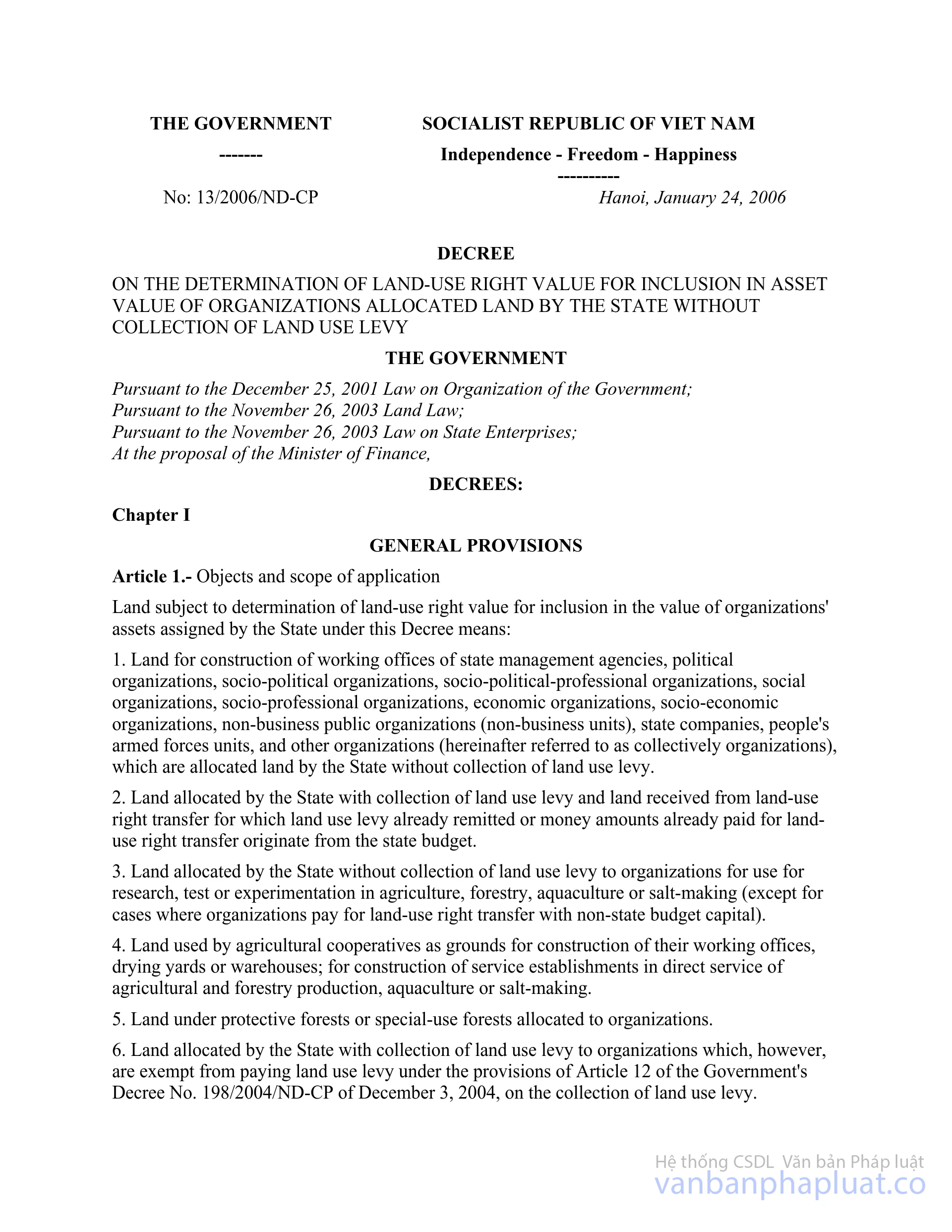 Decree of Government No. 13/2006/NDCP of January 24, 2006 on the determination of landuse