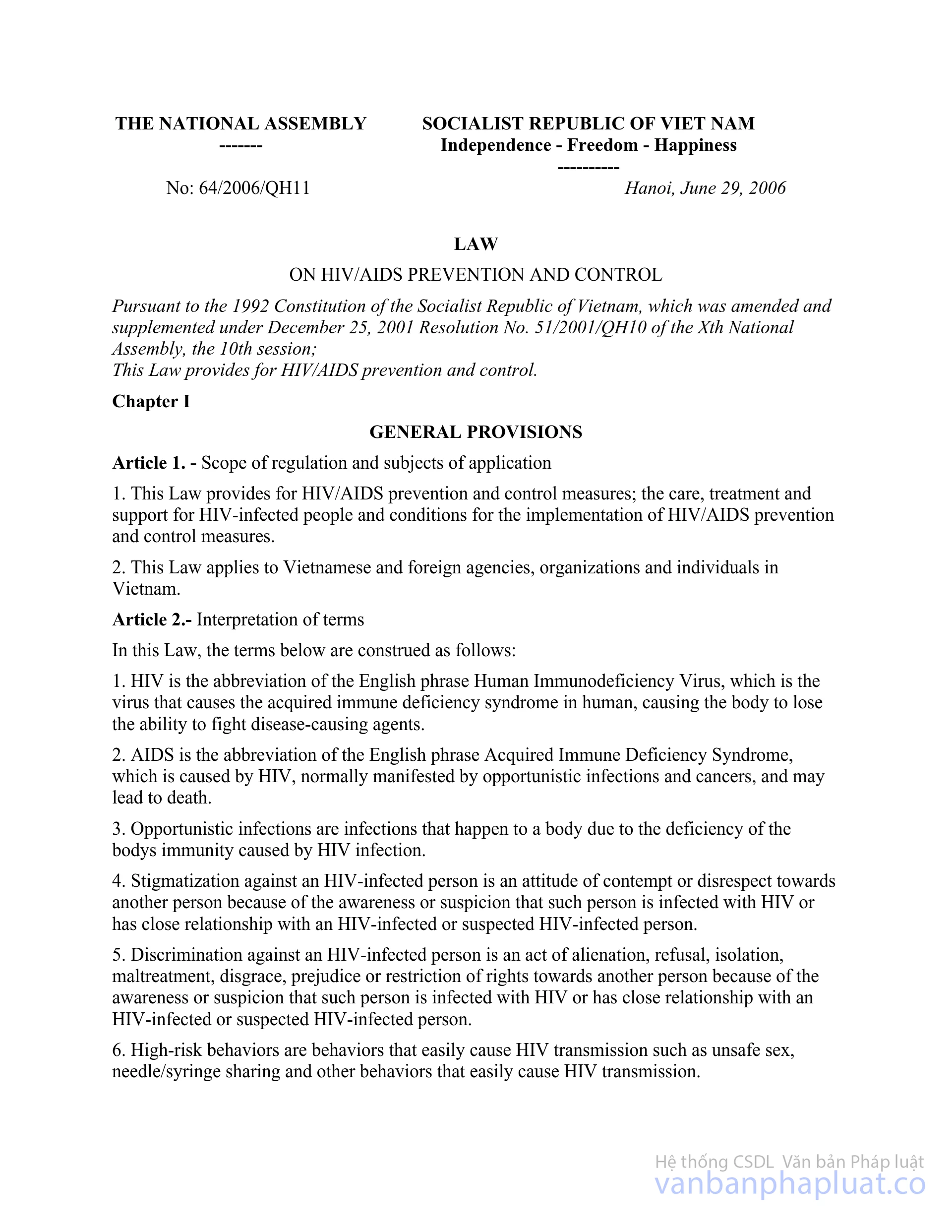 Law No. 64/2006/QH11 of June 29, 2006 on HIV/AIDS prevention and control