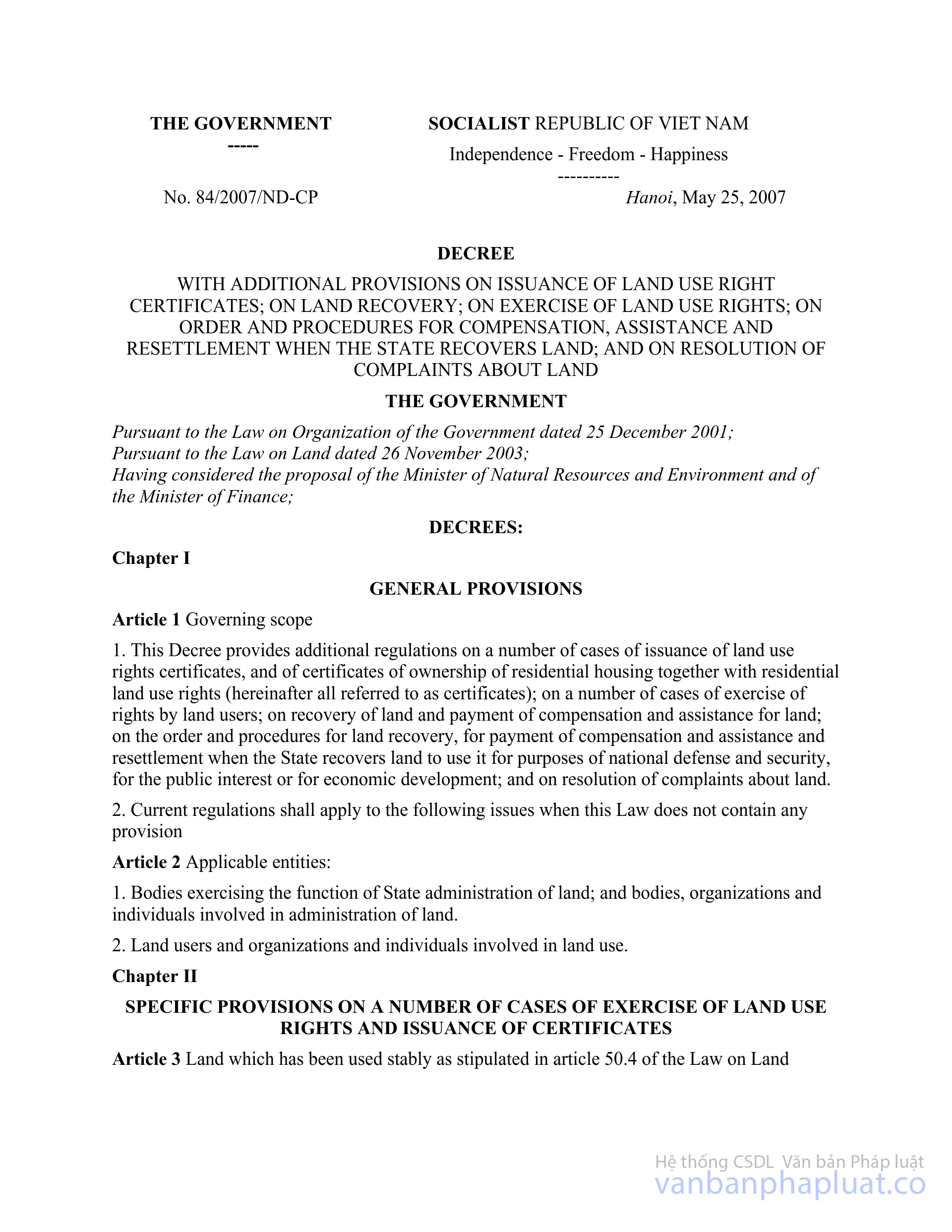 Decree of Government No. 84/2007/NDCP of May 25, 2007 with additional provisions on issuance of