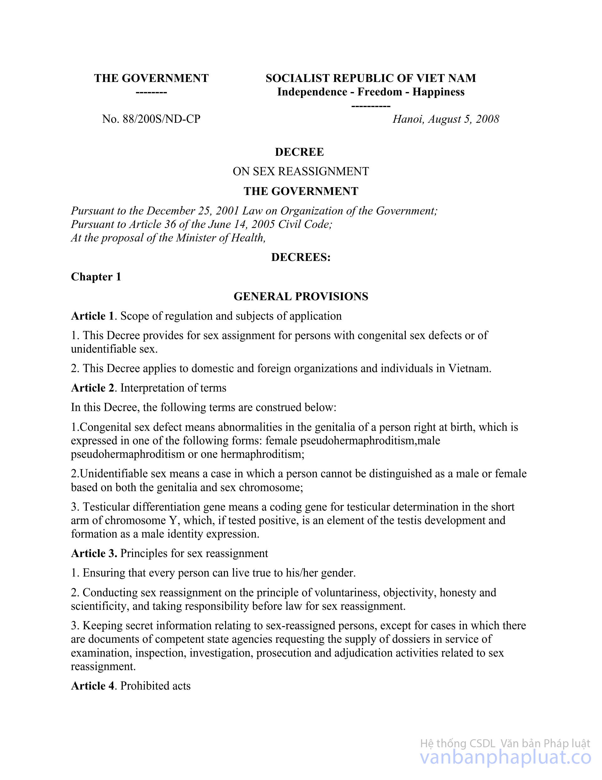 Decree No. 88/2008/ND-CP of August 5, 2008, on sex reassignment.