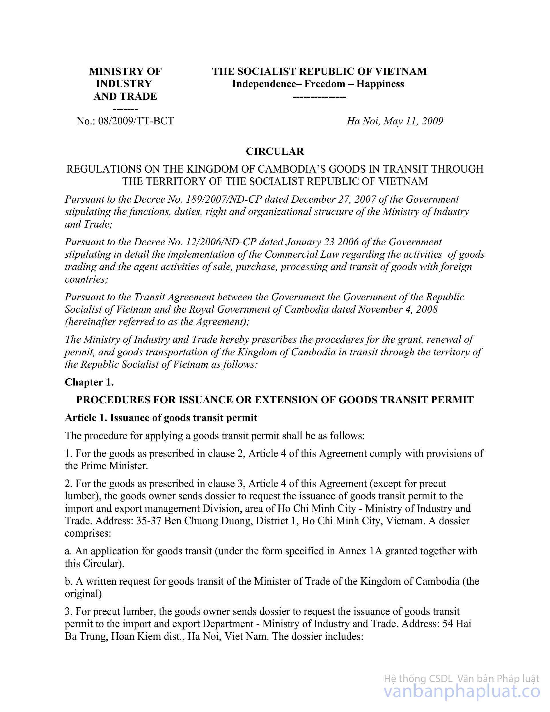 Circular No. 08/2009/TT-BCT Regulations On The Kingdom Of Cambodia’s Goods