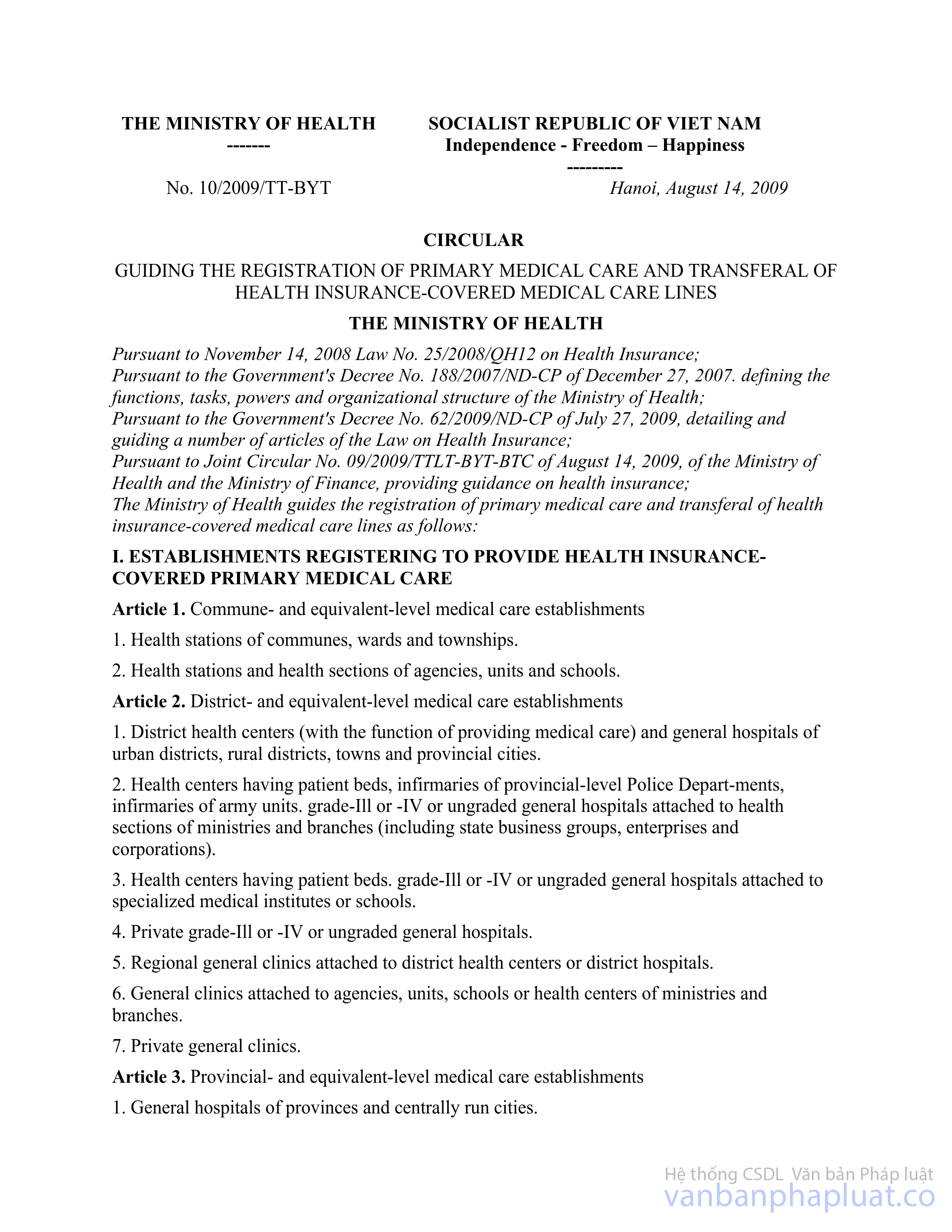 Circular No. 10/2009/TT-BYT Of August 14, 2009, Guiding The ...