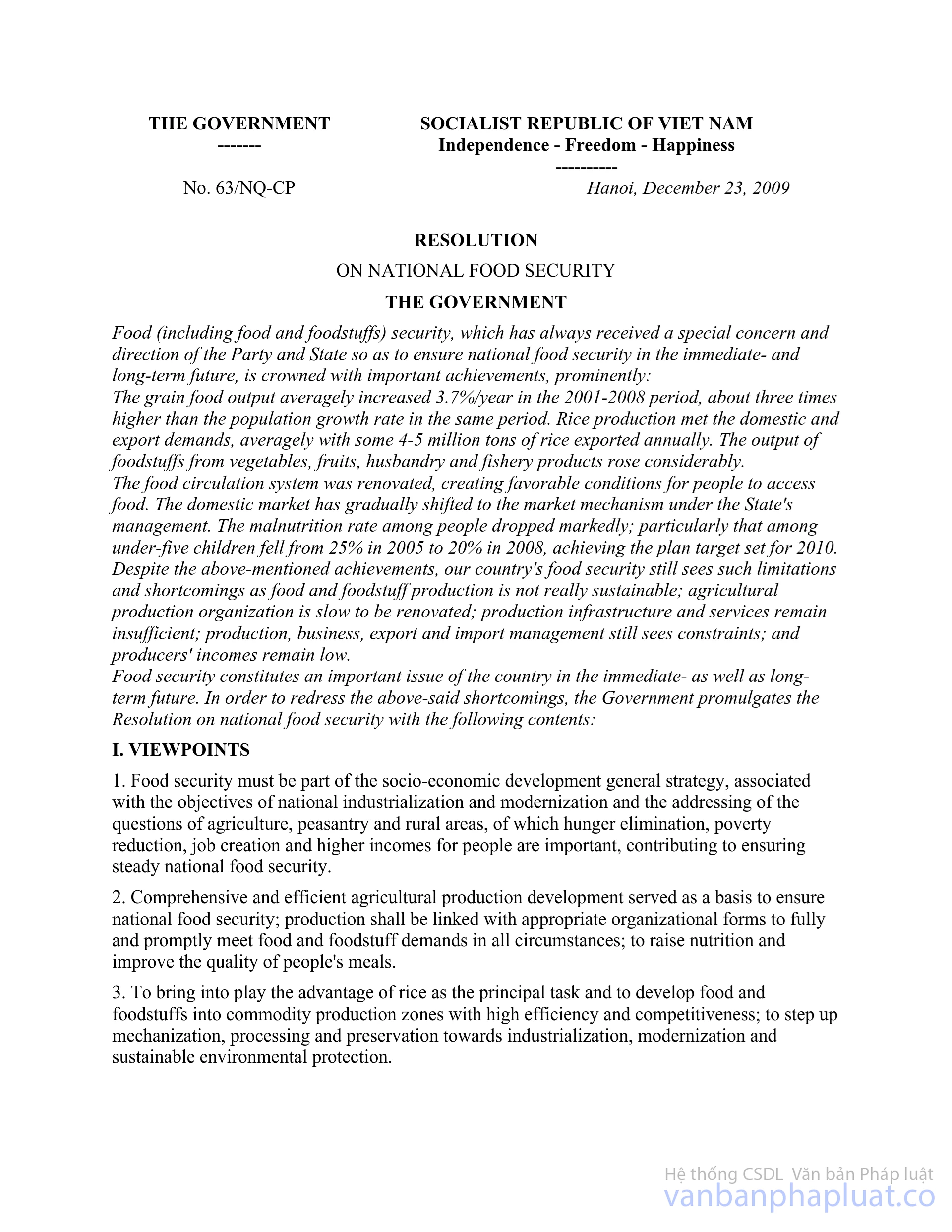 Resolution No. 63/NQ-CP of December 23, 2009, on national food security