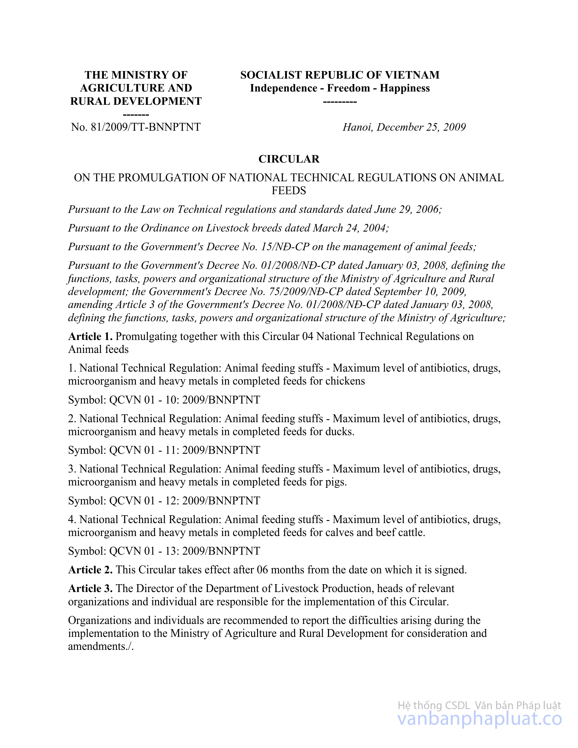 Circular No. 81/2009/TTBNNPTNT national technical regulations on