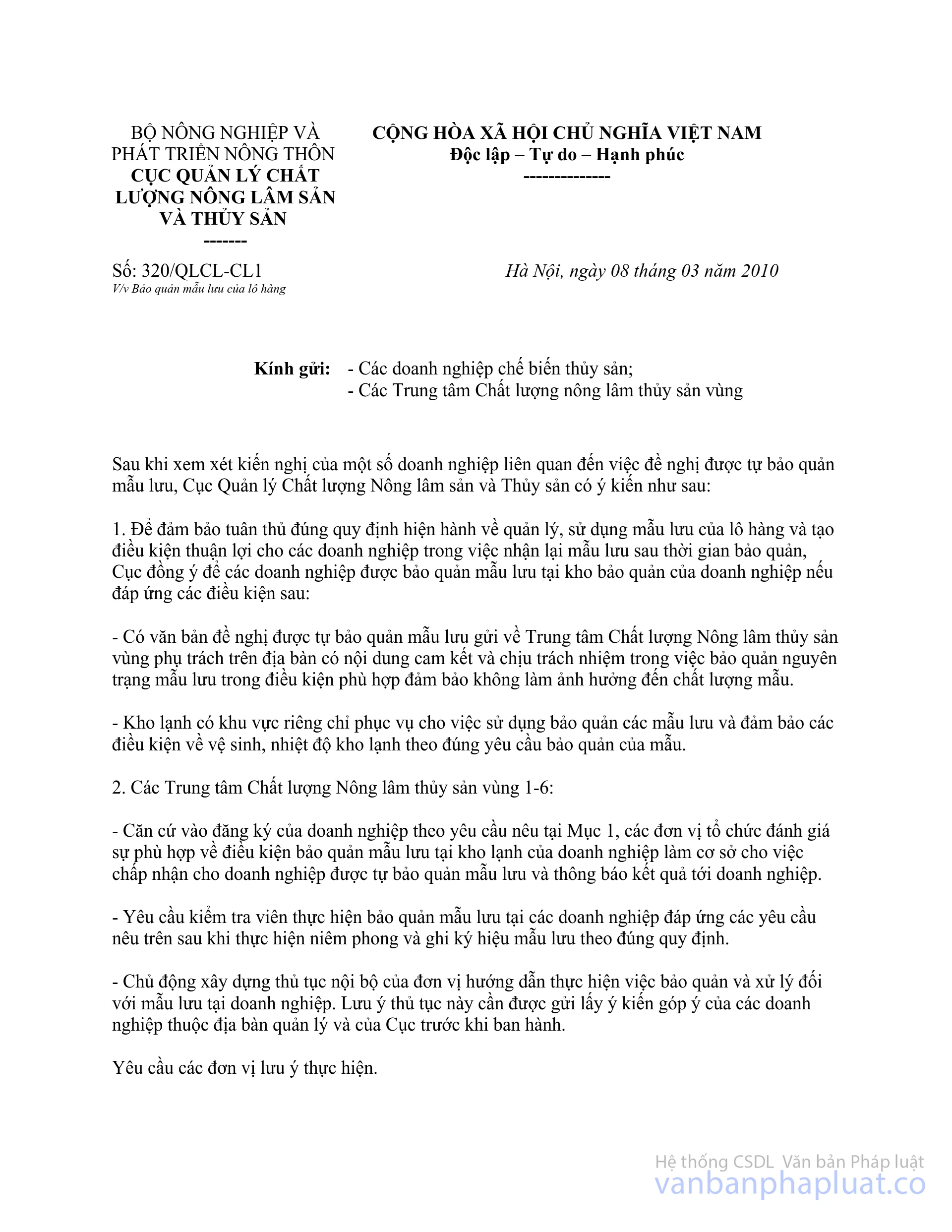 Công văn 320/QLCL-CL1 bảo quản mẫu lưu lô hàng