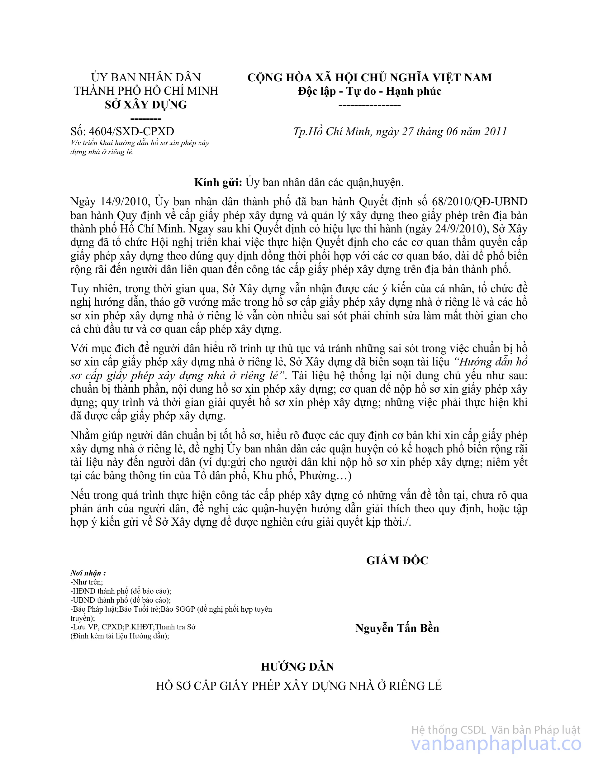 Công văn 4604/SXD-CPXD hướng dẫn hồ sơ xin phép xây dựng nhà ở riêng lẻ