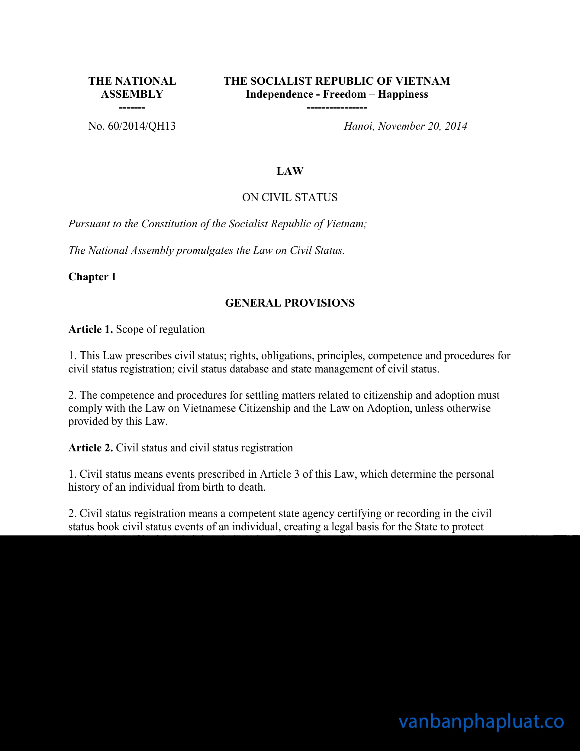 Law No. 60/2014/QH13 on civil status