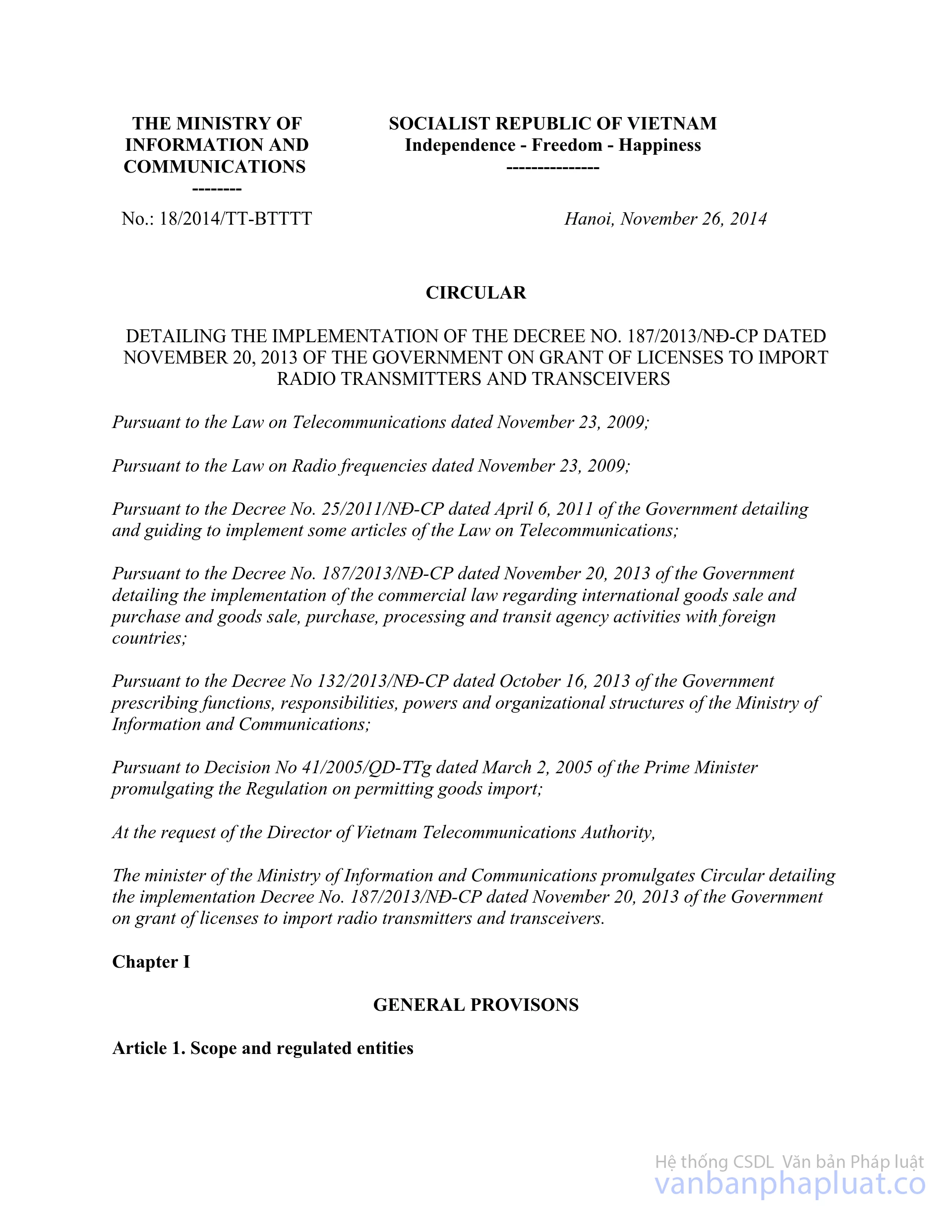 Circular No. 18/2014/TTBTTTT detailing 187/2013/NDCP licenses to