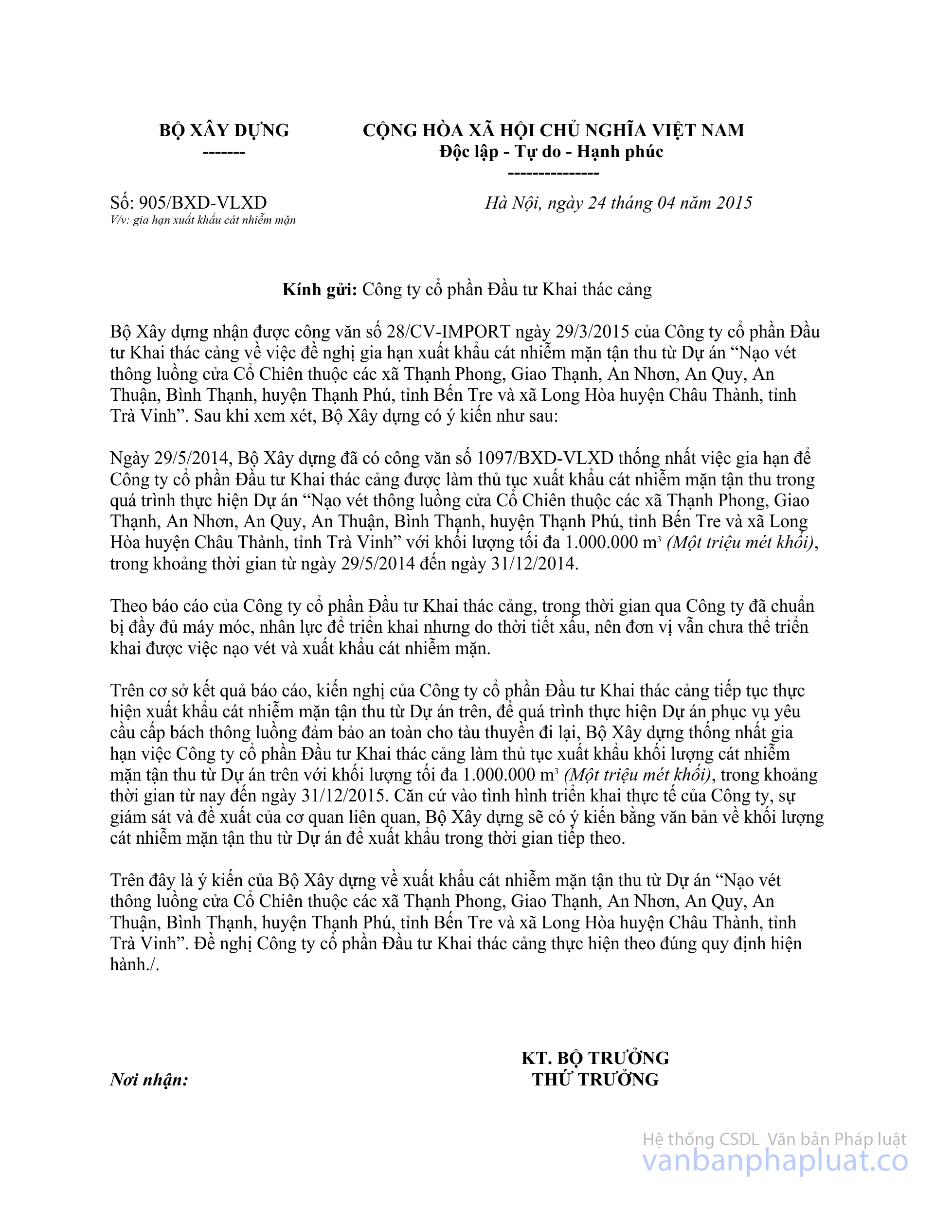 Công văn 905/BXD-VLXD 2015 gia hạn xuất khẩu cát nhiễm mặn