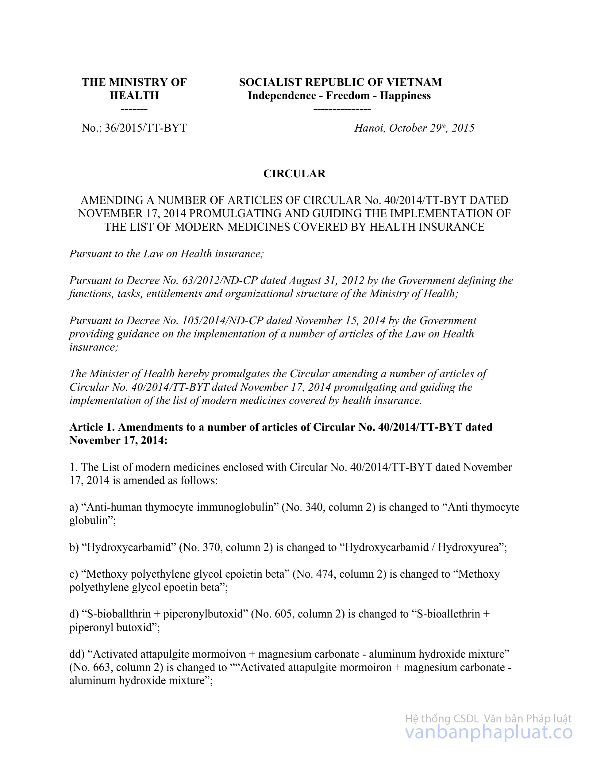 Circular No. 36/2015/TTBYT amending 40/2014/TTBYT the implementation modern medicines covered