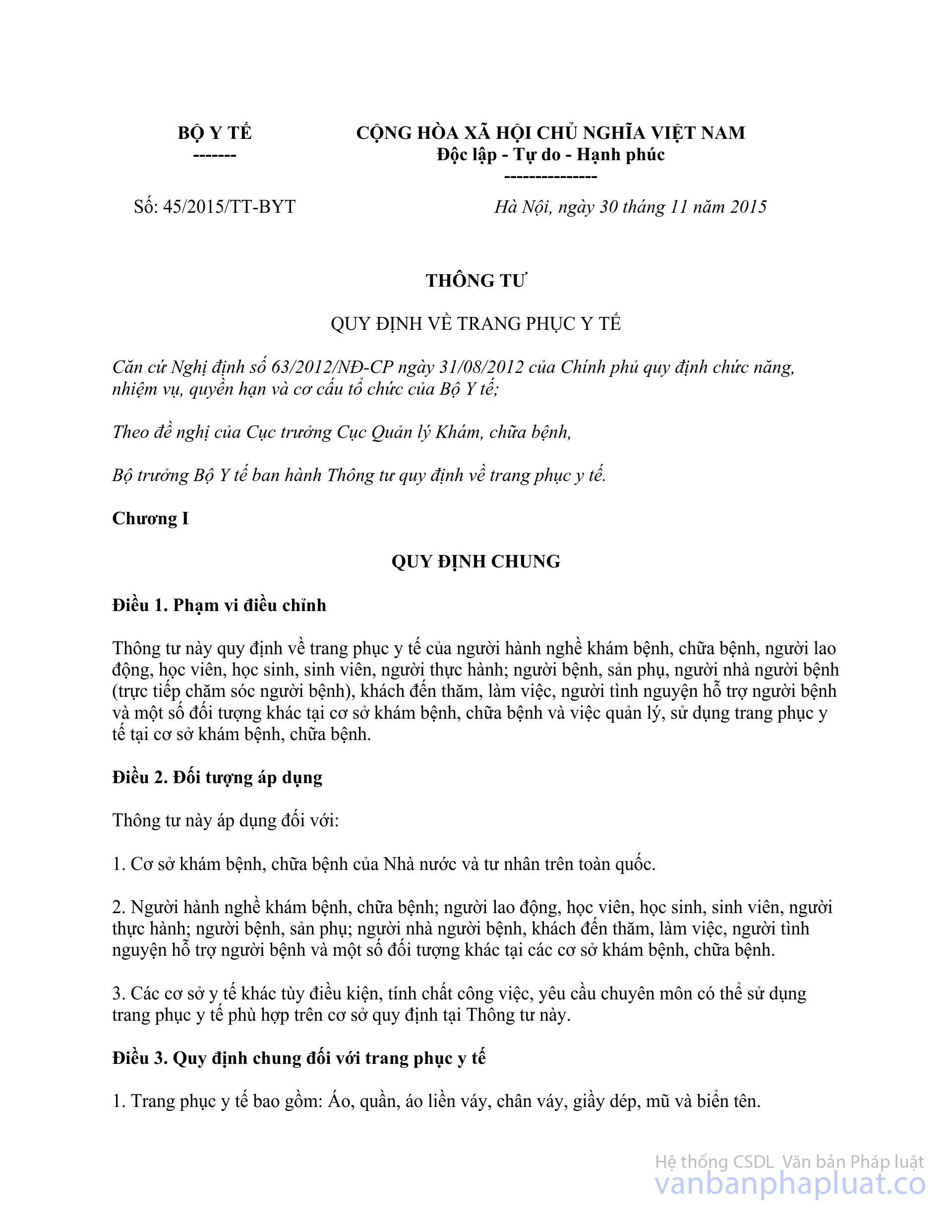 Thông tư 45/2015/TTBYT quy định trang phục y tế
