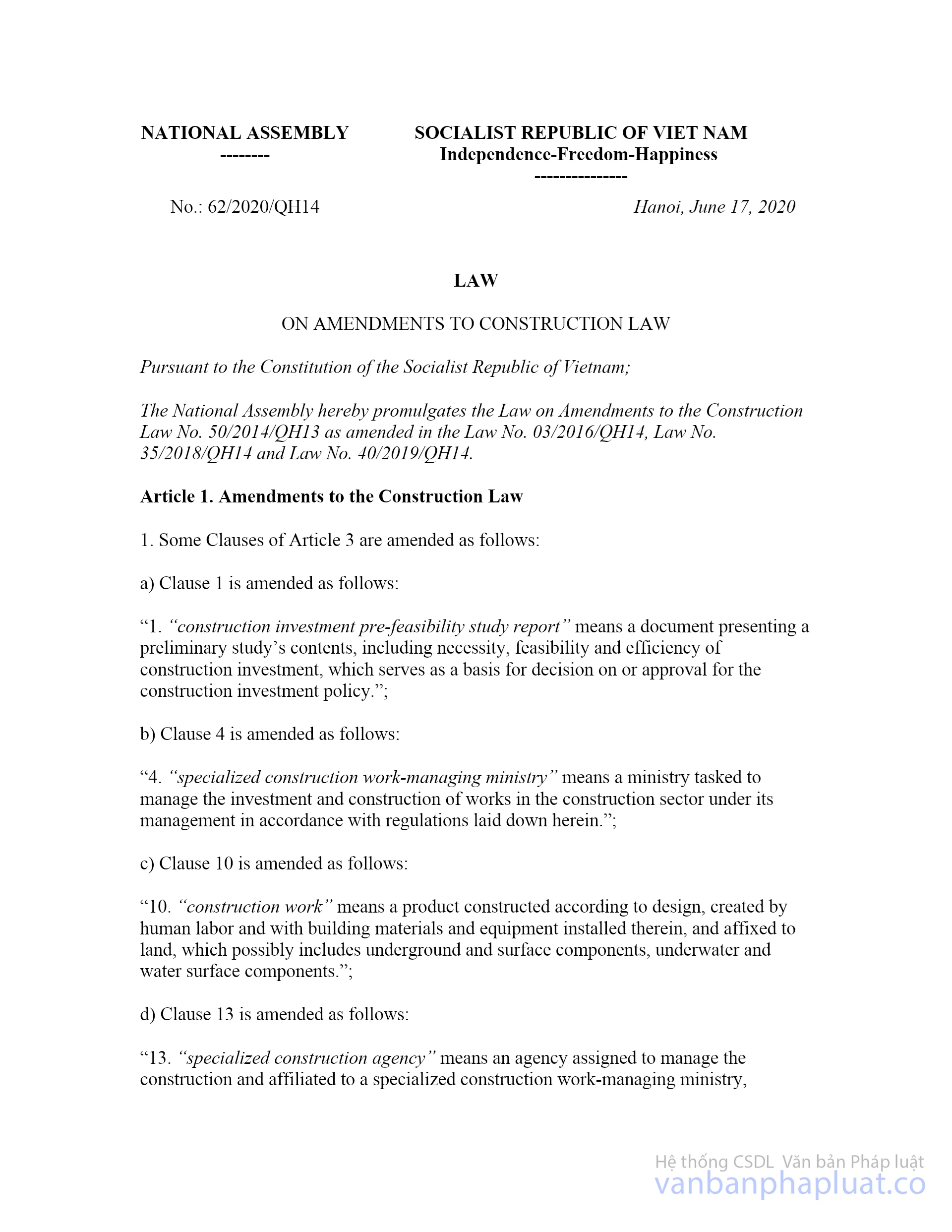 Law 62/2020/QH14 amendments to Construction Law