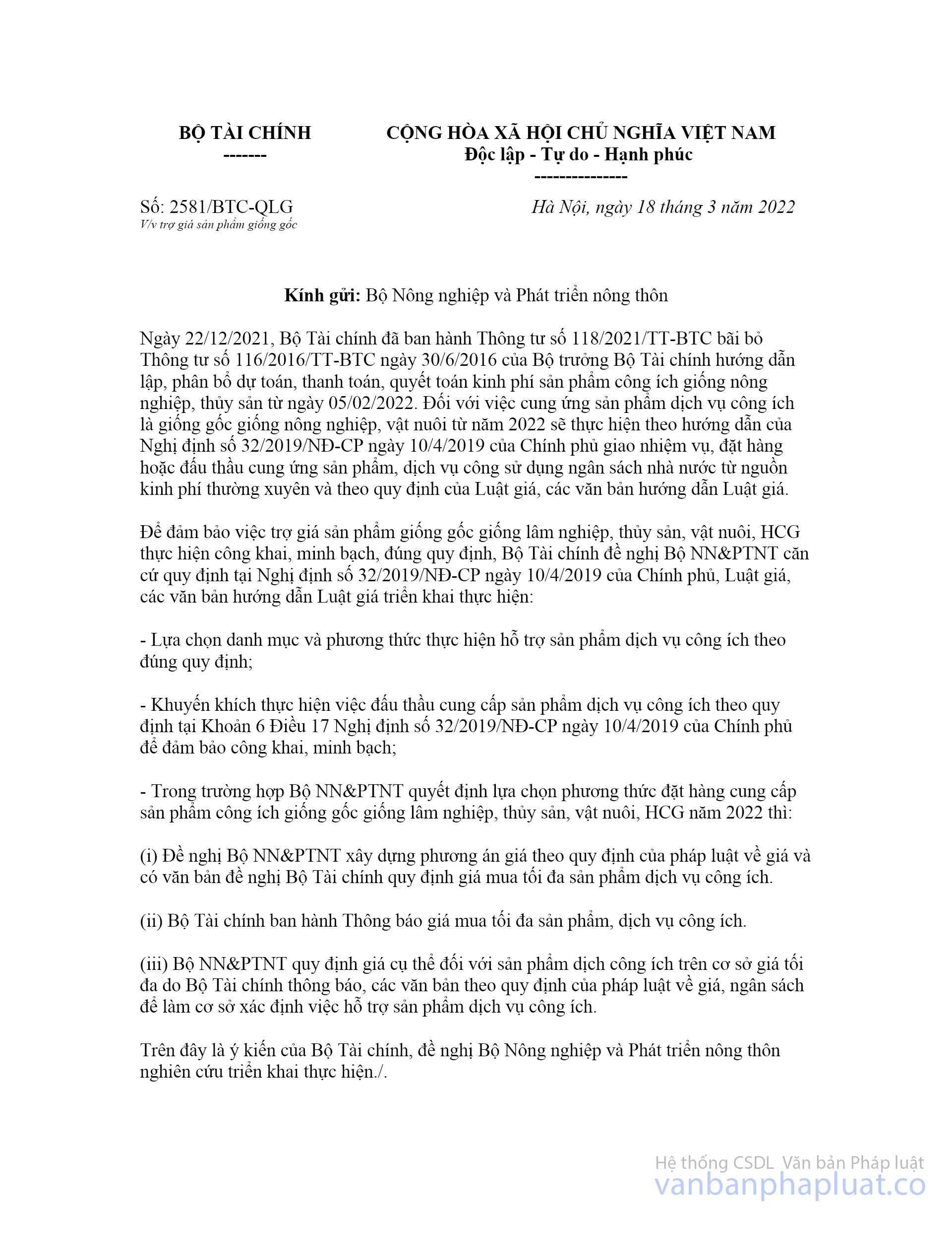 Công văn 2581/BTC-QLG 2022 trợ giá sản phẩm giống gốc