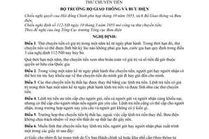 Nghị định 124-NĐ ấn định giá trị thời hạn thư chuyển tiền và thể thức lĩnh tiền của thư chuyển tiền