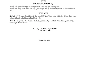 Nghị định 29-NV/DC/NgĐ cho phép Hội Quốc tế ngữ bảo vệ hòa bình Việt Nam thành lập và hoạt động