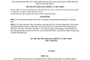 Nghị định 40-NĐ bản điều lệ tạm thời về chuyển vận hàng hóa trên đường bộ và đường thủy