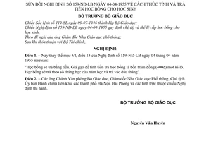Nghị định 252-NĐ cách thức tính và trả tiền học bổng cho học sinh  để sửa đổi Nghị định 159-NĐ-LB ngày 04-04-1955 về