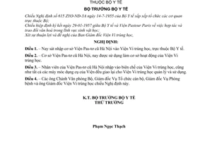 Nghị định 382-BYT-NĐ sát nhập cơ sở Viện Pas-tơ cũ Hà Nội vào Viện Vi trùng học trực thuộc Bộ Y tế