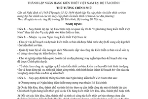 Nghị định 177-TTg thành lập Ngân hàng kiến thiết Việt Nam tại Bộ Tài chính