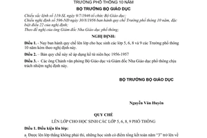 Nghị định 399-NĐ quy chế lên lớp cho học sinh các lớp 5, 6, 8 và 9 các Trường phổ thông 10 năm