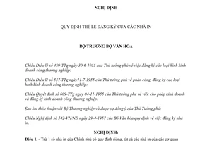 Nghị định 884-VH/NĐ thể lệ đăng ký của các nhà in