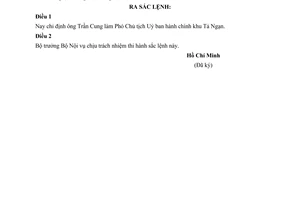 Sắc lệnh 41/SL chỉ định Trần Cung Phó Chủ tịch UBHC khu Tả ngạn