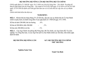 Nghị định liên bộ 1-NĐ/LB ấn định tiền thù lao cấp cho ủy nhiệm thu tiền bán lâm sản