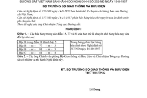Nghị định 322-NĐ thể lệ chuyên chở hàng hóa để Sửa đổi các bậc hàng trong bản thể lệ chuyên chở hàng hóa theo NĐ  252-NĐ
