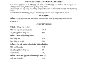 Nghị định 330-NĐ  điều chỉnh cước phí bưu điện trong nước