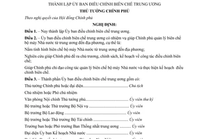 Nghị định 449-TTg thành lập Ủy ban điều chỉnh biên chế trung ương