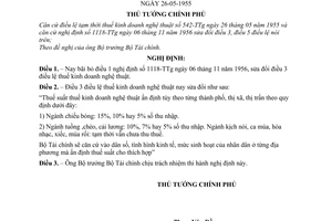 Nghị định 004-TTg sửa đổi Điều 3 Điều lệ tạm thời thuế kinh doanh nghệ thuật số 542-TTg ngày 26-05-1955