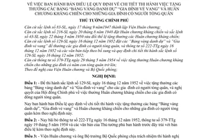 Nghị định 17-TTg hướng dẫn thi hành tặng thưởng các bảng “Bảng vàng danh dự” “Gia đình vẻ vang” và Huân chương kháng chiến gia đình có người tòng quân