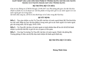 Quyết định 03-VH/QĐ  giao Vụ Trao đổi văn hóa nước ngoài nhiệm vụ kiểm tra việc xuất nhập các văn hóa phẩm trong nước gửi ra nước ngoài