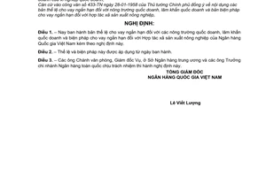 Nghị định 67-VNVNT thể lể cho vay ngắn hạn nông trường quốc doanh, lâm khẩn quốc doanh và biện pháp cho vay ngắn hạn hợp tác xã sản xuất nông nghiệp