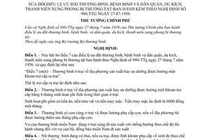 Nghị định 124-TTg điều lệ ưu đãi thương binh, bệnh binh và dân quân, du kích, thanh niên xung phong bị thương tật bổ sung Nghị định 980-TTg