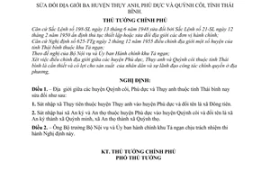Nghị định 129-TTg sửa đổi địa giới ba huyện Thụy anh, Phù dực và Quỳnh côi, tỉnh Thái bình