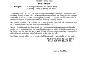 Thông tư 416-LĐ/LT tiến hành trích tiền thưởng công nhân xí nghiệp ngoại kiều