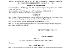 Nghị định 190-NĐ bản thể lệ tổ chức kỳ thi hết cấp 1 trường phổ thông để sửa đổi bản thể lệ tổ chức kỳ thi hết cấp 1 theo Nghị định 359-NĐ