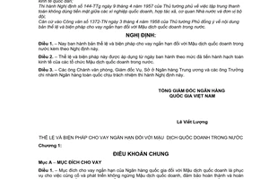 Nghị định 78-VP/NGĐ thể lệ và biện pháp cho vay ngắn hạn Mậu dịch quốc doanh trong nước