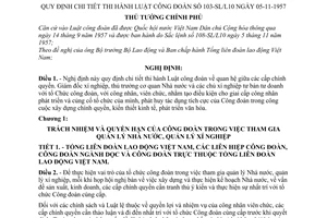 Nghị định 188-TTg quan hệ giữa các cấp chính quyền hướng dẫn  thi hành Luật công đoàn 103-SL/L10