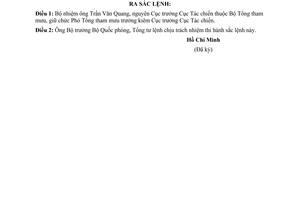 Sắc lệnh 064/SL bổ nhiệm ông Trần Văn Quang giữ Tổng tham mưu trưởng kiêm Cục trưởng Cục tác chiến