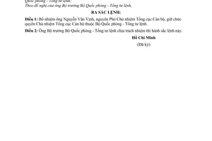 Sắc lệnh 065/SL bổ nhiệm Nguyễn Văn Vịnh giữ Chủ nhiệm Tổng cục cán bộ Bộ quốc phòng tổng tư lệnh