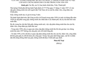 Thông tư 205-TTg cấp giấy chứng minh cán bộ năm 1958-1959
