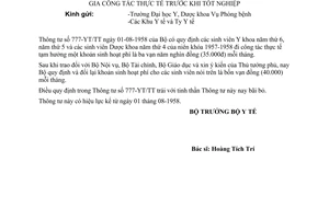 Thông tư 803-YT/TT sinh viên Đại học Y, Dược tham gia công tác thực tế trước khi tốt nghiệp bổ sung Thông tư 777-YT/TT