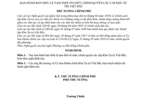 Nghị định 420-TTg bản điều lệ tạm thời tổ chức chính quyền các cấp Khu Tự trị Việt Bắc